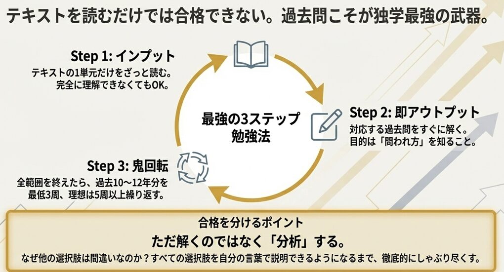 テキストの「インプット」→過去問で「即アウトプット」→「鬼回転」という「最強の3ステップ勉強法」
